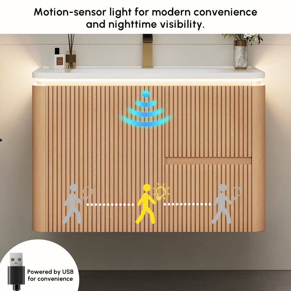 Modern  32" Floating Bathroom Vanity  with Sink, LED Light, Ample Storage window image