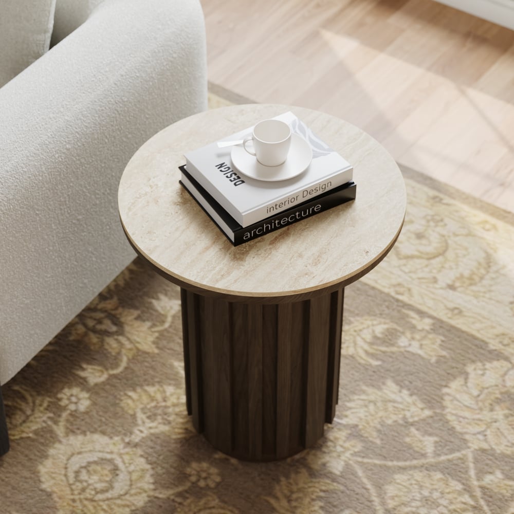 Aura Ash Wood Fluted Round Side Table with Sintered Stone Top window image