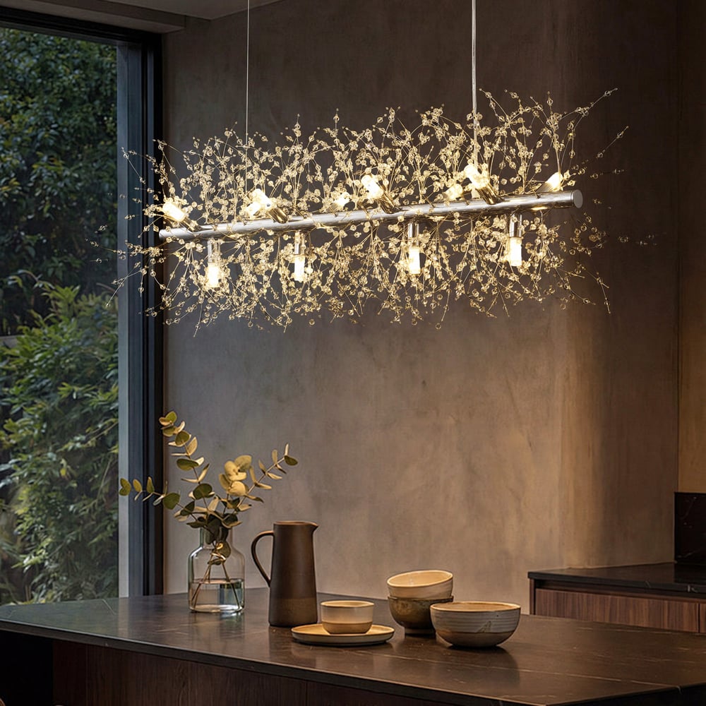 Mid Century Modern 12-Light Crystal Firework Sputnik  Kitchen Island Lighting in Chrome window image