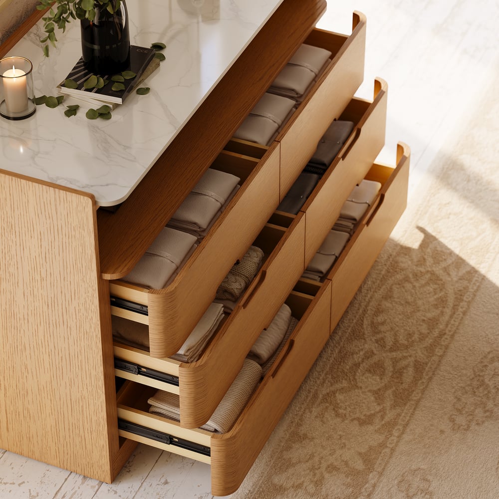 Commode moderne de 47 pouces à 6 tiroirs avec étagère et plateau en pierre frittée image de fenêtre