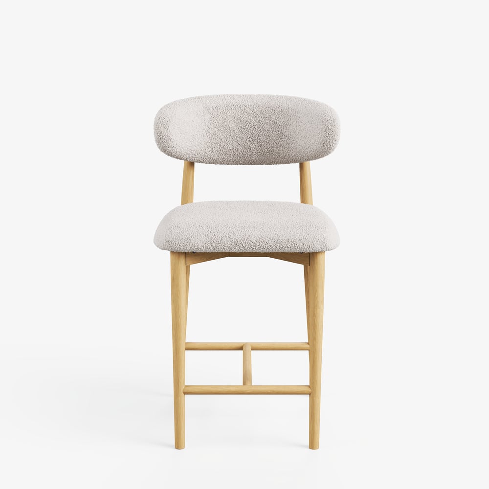 Modern Warm White Boucle Counter Stool with Natural Rubber Wood Legs, 1 Piece window image