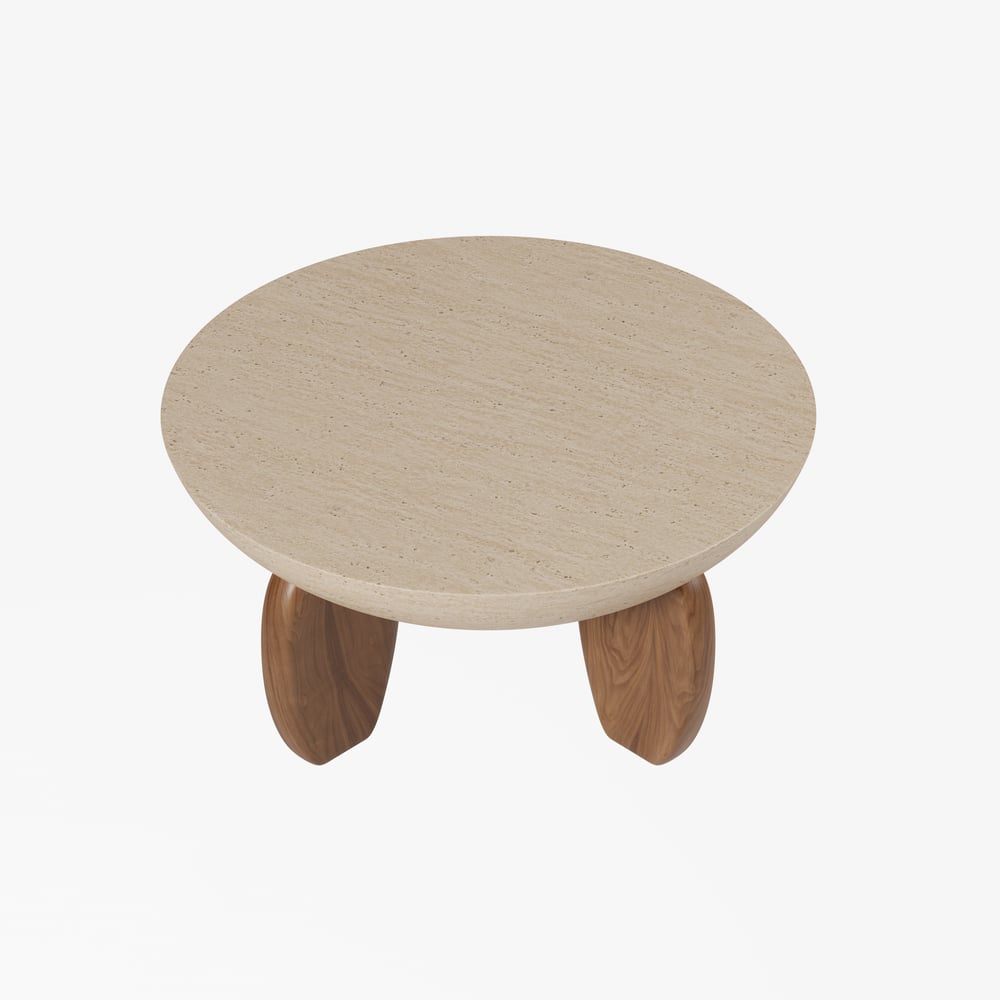 Table Basse Curva 76 cm Ronde en Béton Noyer avec Pieds en Bois image de fenêtre