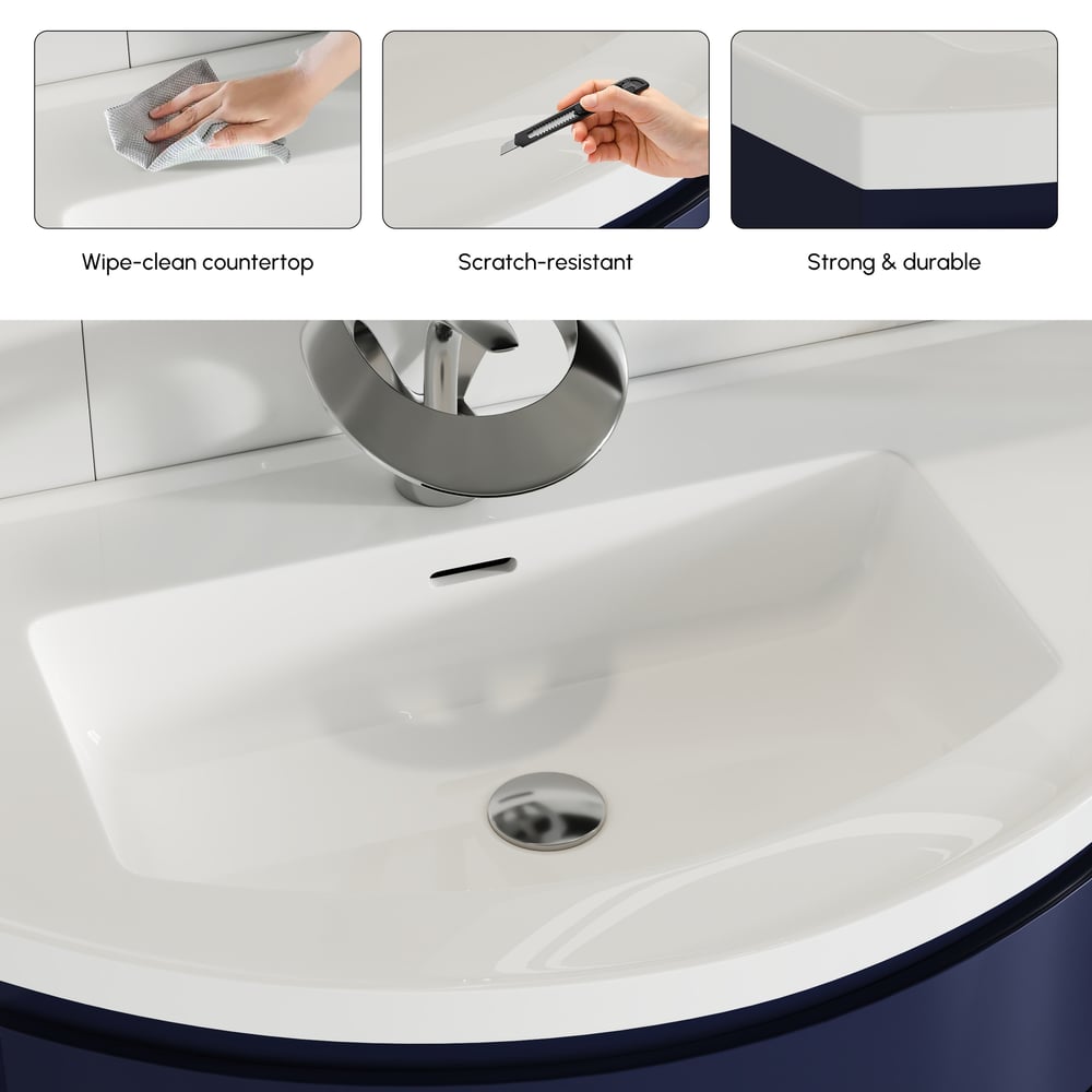 35" Navy Floating Single Curved Bathroom Vanity with Sink & Storage window image