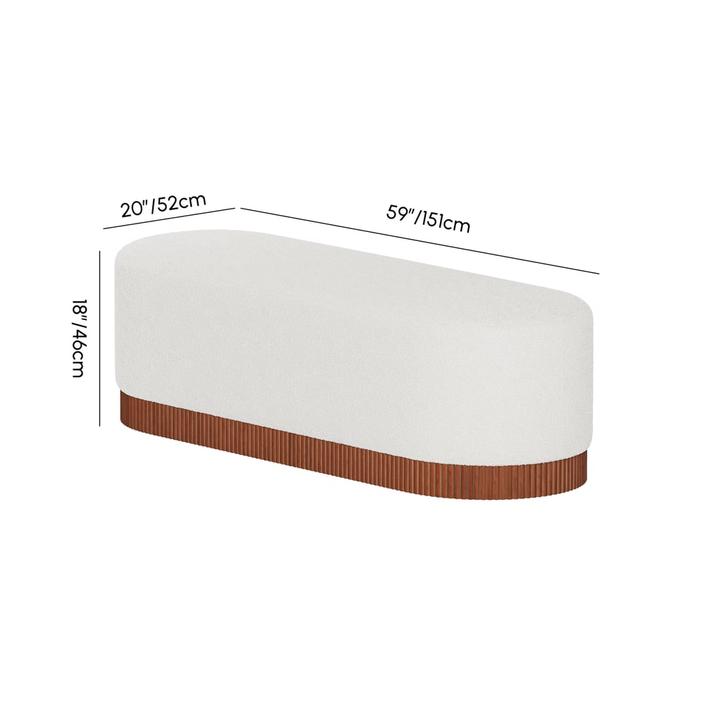 59"W Boucle Upholstered Bedroom Bench with Fluted Base weights dimensions image