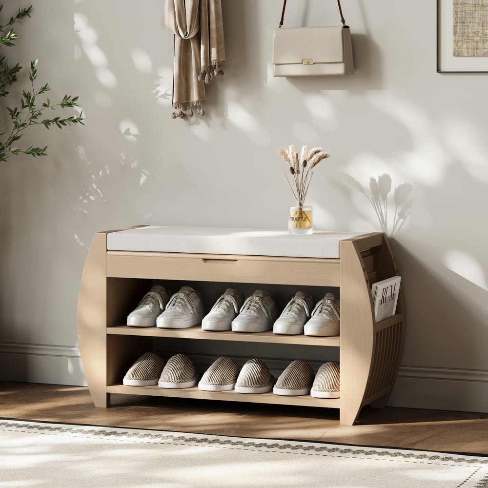 Banc d'entrée de rangement pour chaussures en placage de bois blanchi de 32 pouces avec porte-chaussures image de fenêtre