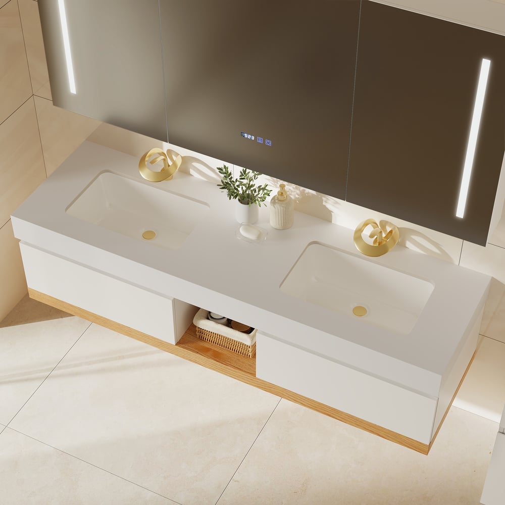 Móvel de casa de banho duplo flutuante de 150 cm com lavatórios de cerâmica, tampo de pedra sinterizada Imagem da janela