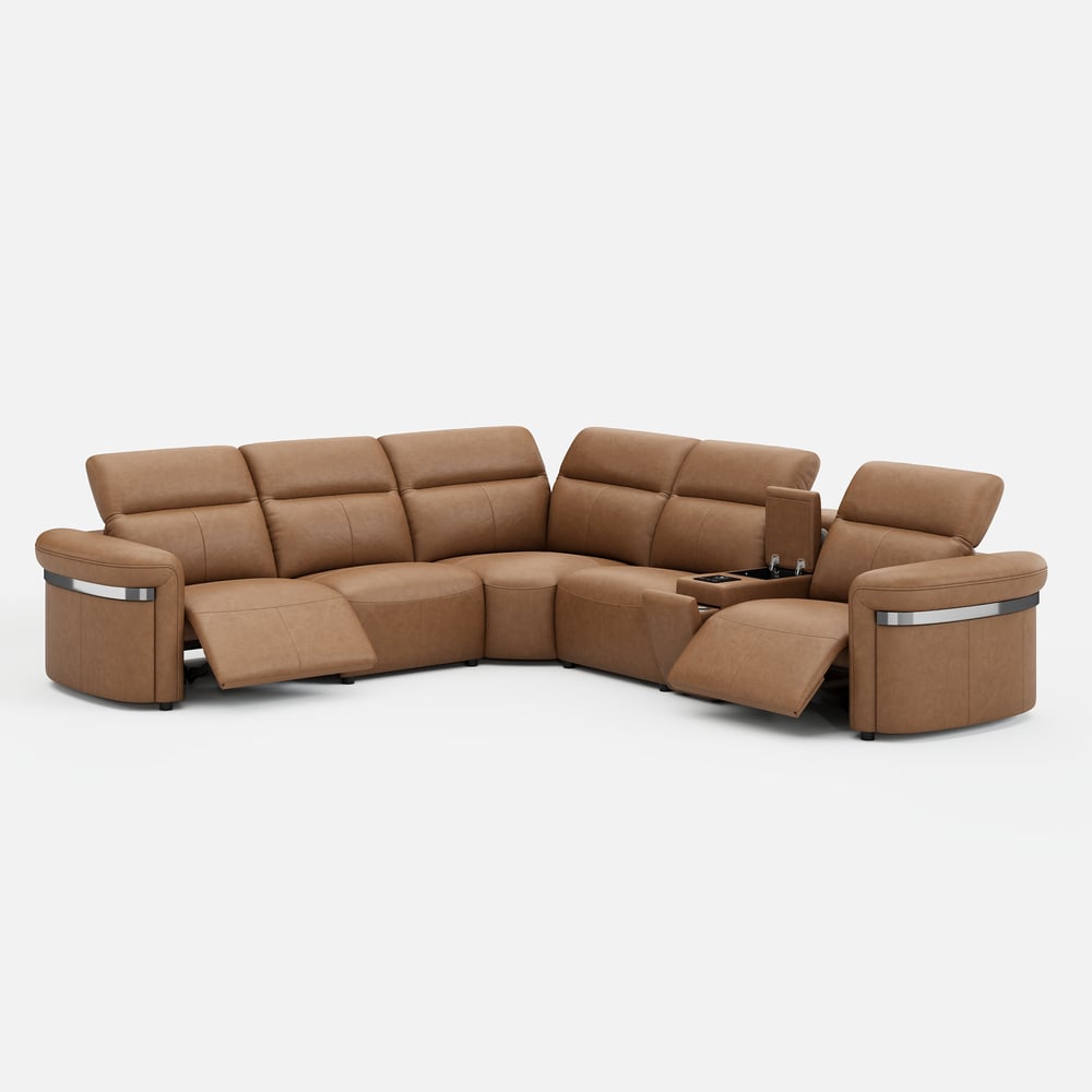 Genuine Leather Multifunction Media Console Power Reclining Sofa window image