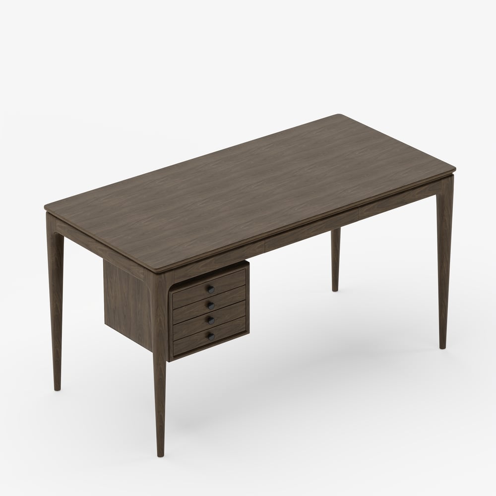 Tanic bureau 140 cm van essenhout, rookbruin, met 3 laden Vensterafbeelding