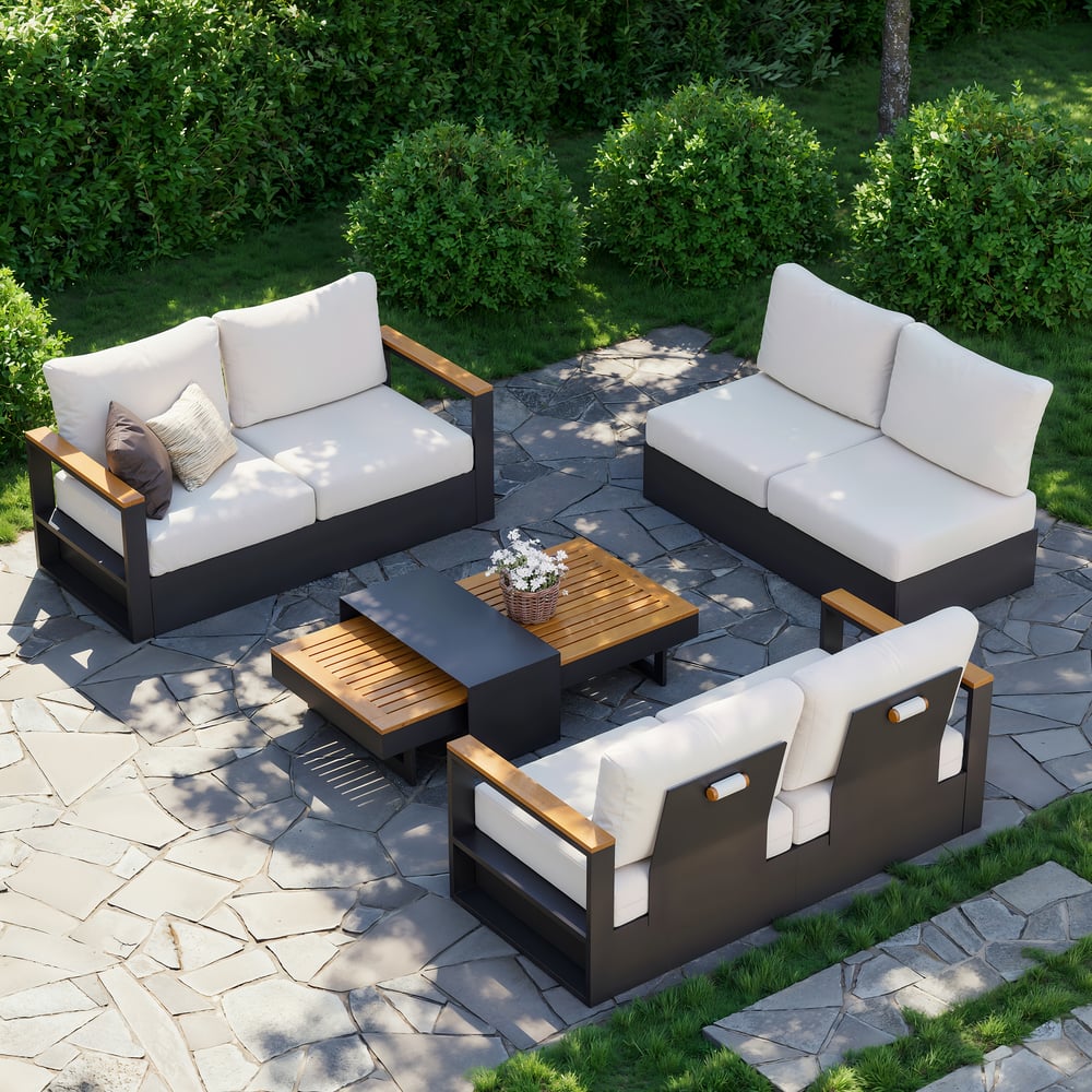 Tevara 6-Person Outdoor Sofa Set with Wood & Aluminum Frame, Dark Gray & Warm White window image