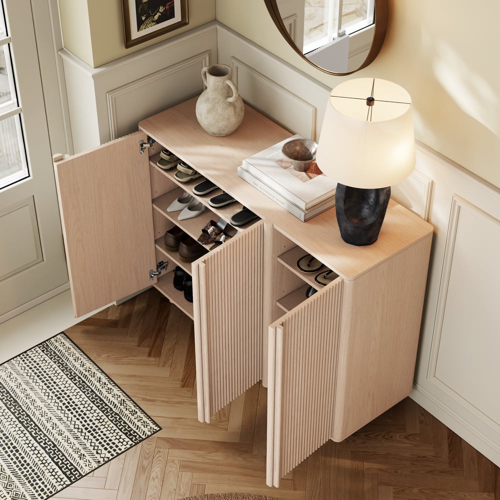 Lineva 48" Ash Wood Veneer Shoe Storage Fluted Entryway Cabinet window image