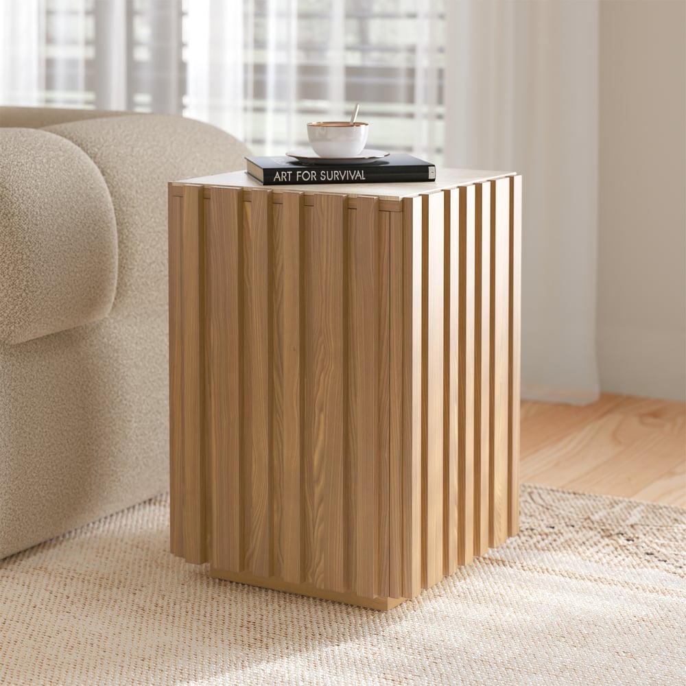 Aura Ash Wood Fluted Natural Side Table with Sintered Stone Top window image
