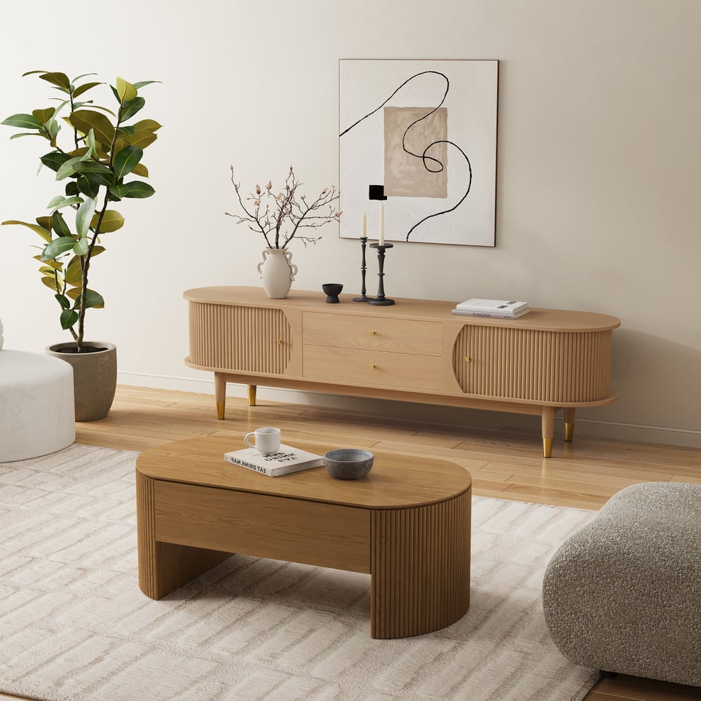 80" Ash Wood Fluted Natural TV Stand with Storage window image
