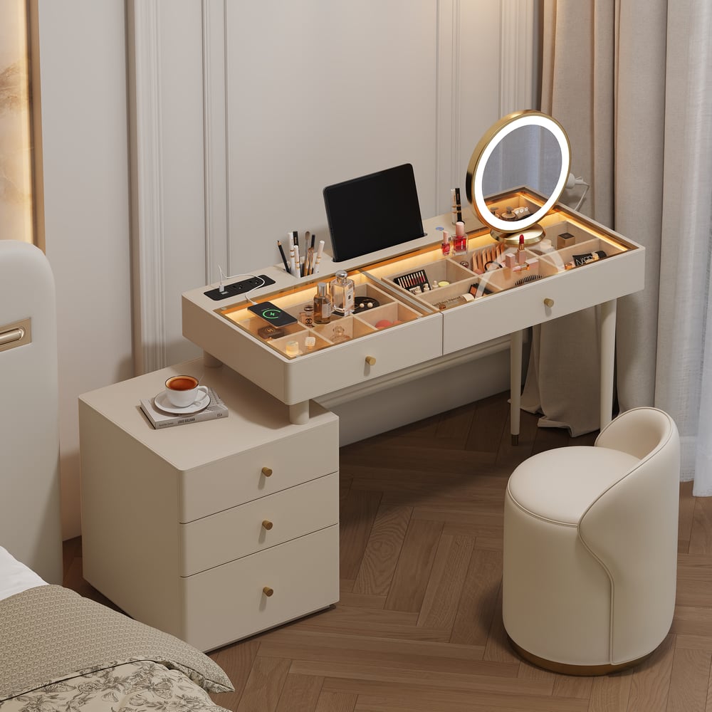 Selva Oatmeal Saddle Leather LED-Makeup Vanity Set with Charing Station and Mirror window image