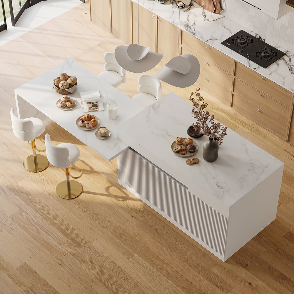 Modern 81"-112" Marble Pattern Kitchen Island with Doors & Drawers, White window image