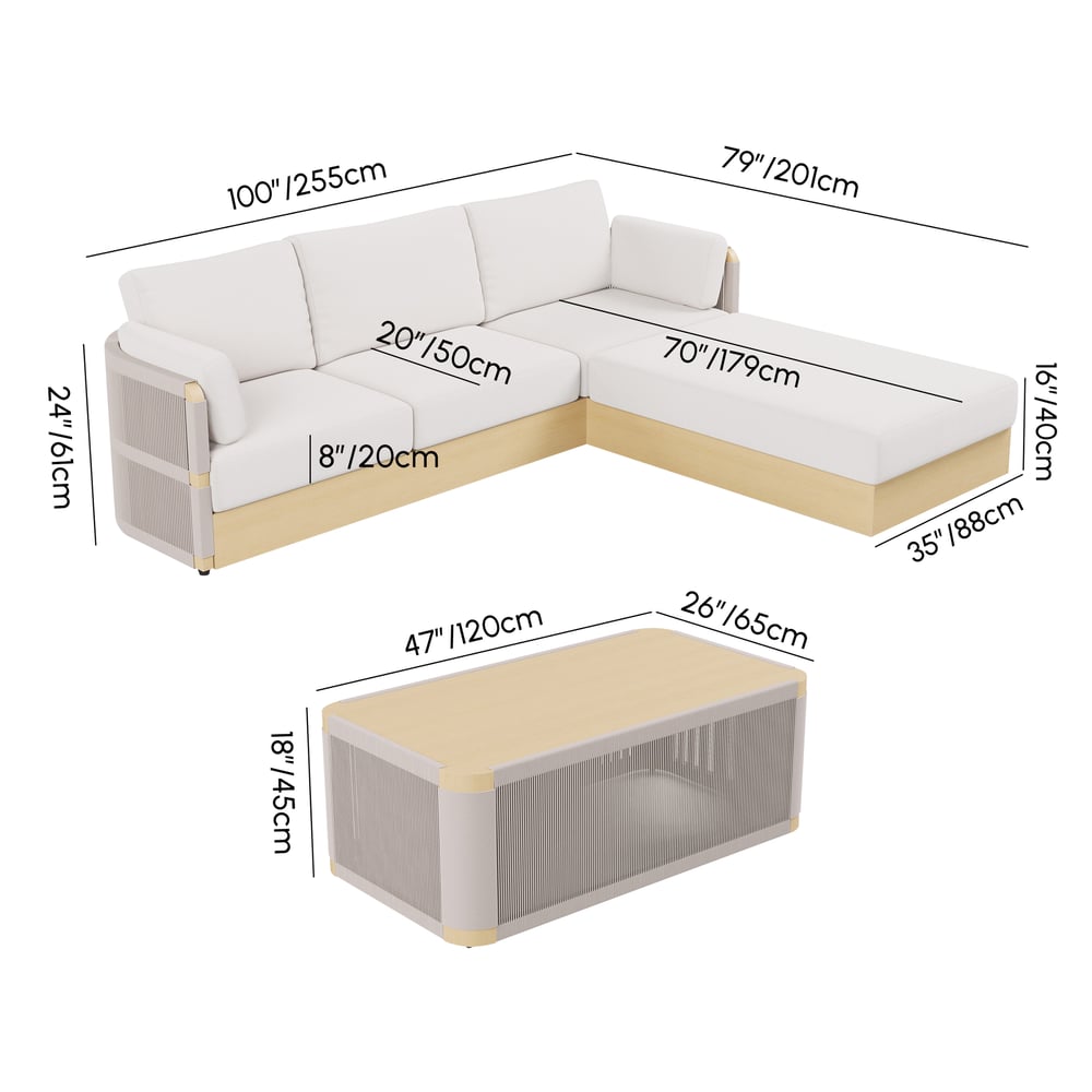 Costra Handwoven Rope Adjustable Outdoor Chaise Sofa Set in Ivory weights dimensions image