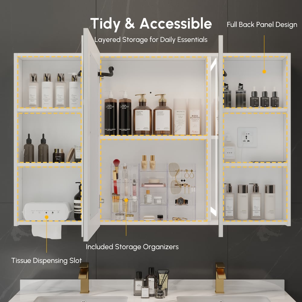 47" LED Bathroom Medicine Cabinet Dimmable with Defogger, Tissue Slot and Outlet window image