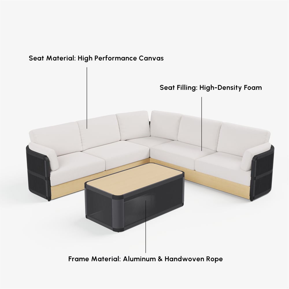 Costra Handwoven Rope L-Shaped Outdoor Sofa with Coffee Table in Black window image