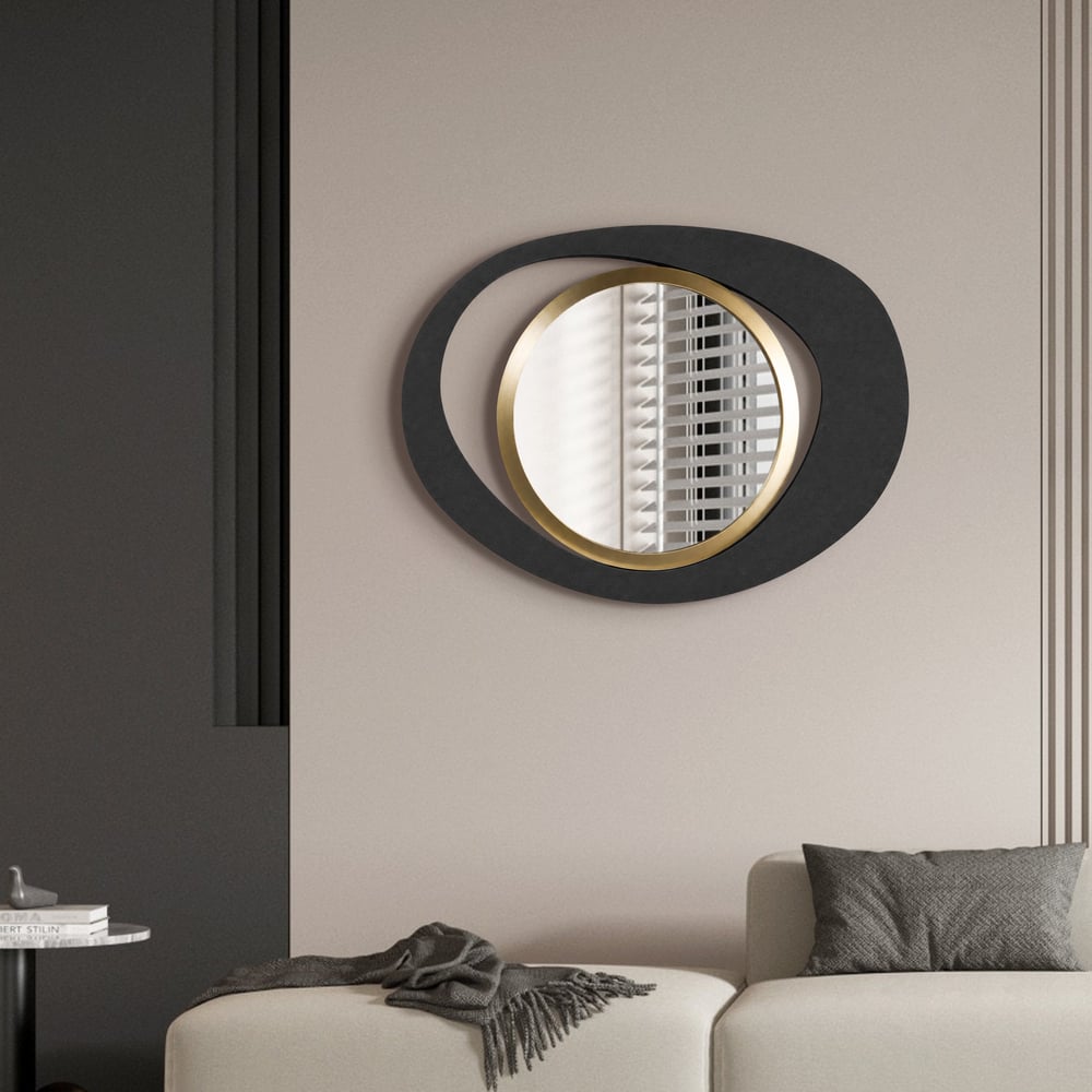 Abstract Wall Mirror, Matte Black and Gold, Horizontal or Vertical window image