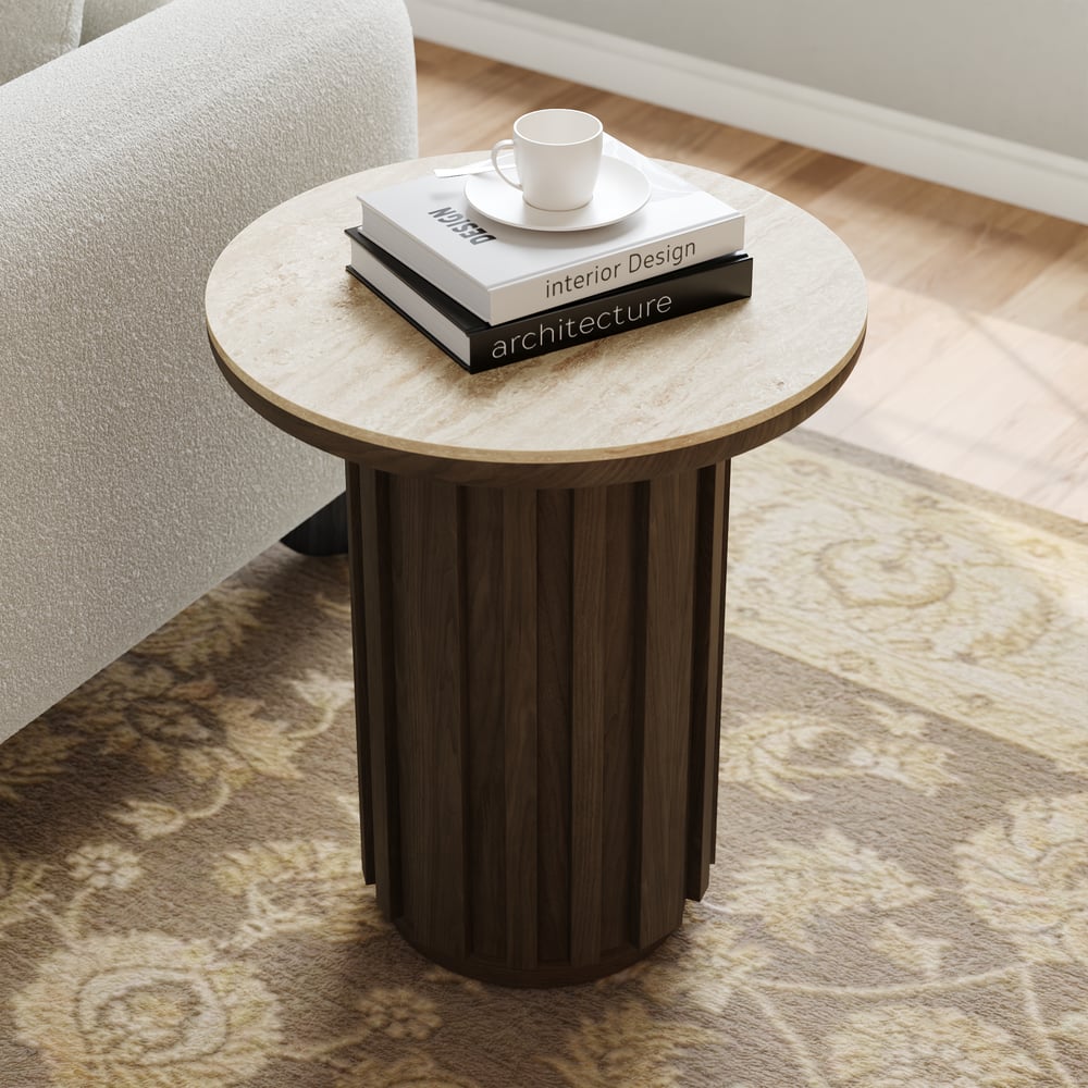 Aura Ash Wood Fluted Round Side Table with Sintered Stone Top window image