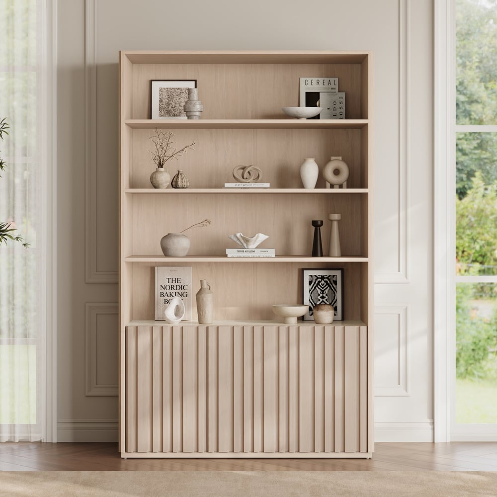 Aura 120cm Boekenkast van Essenhout met Gegroefde Details en Blad van Sintersteen Vensterafbeelding
