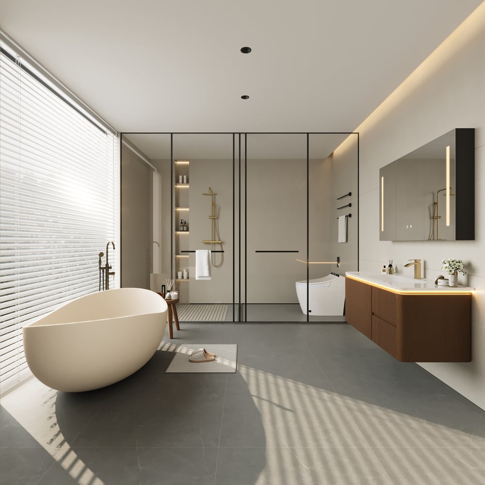 Moderno tocador de baño flotante acanalado de 119 cm con lavabo, LED suave y amplio almacenamiento Imagen de ventana