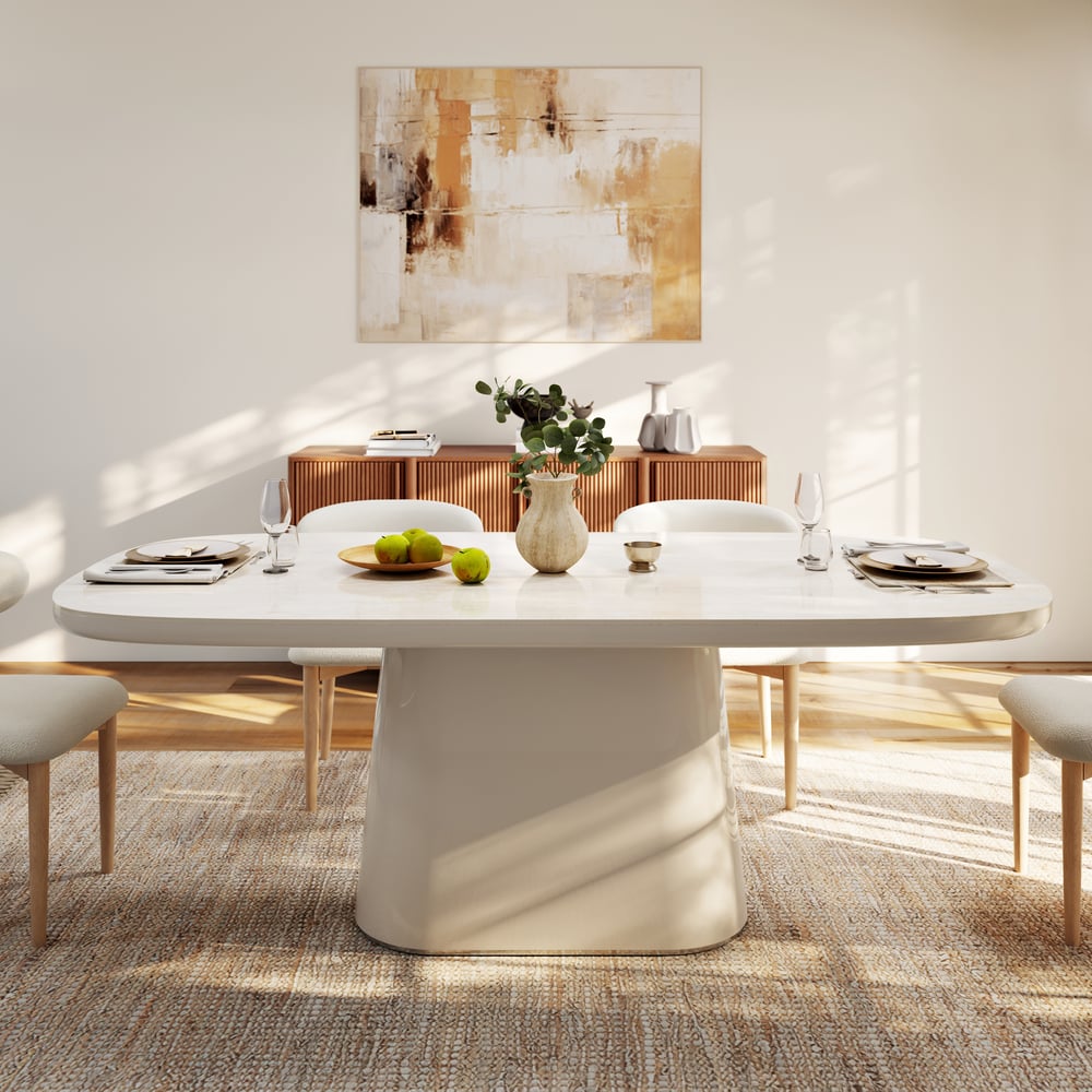 Modern 79" Oval Faux Travertine Sintered Stone Dining Table, Seats 6 window image