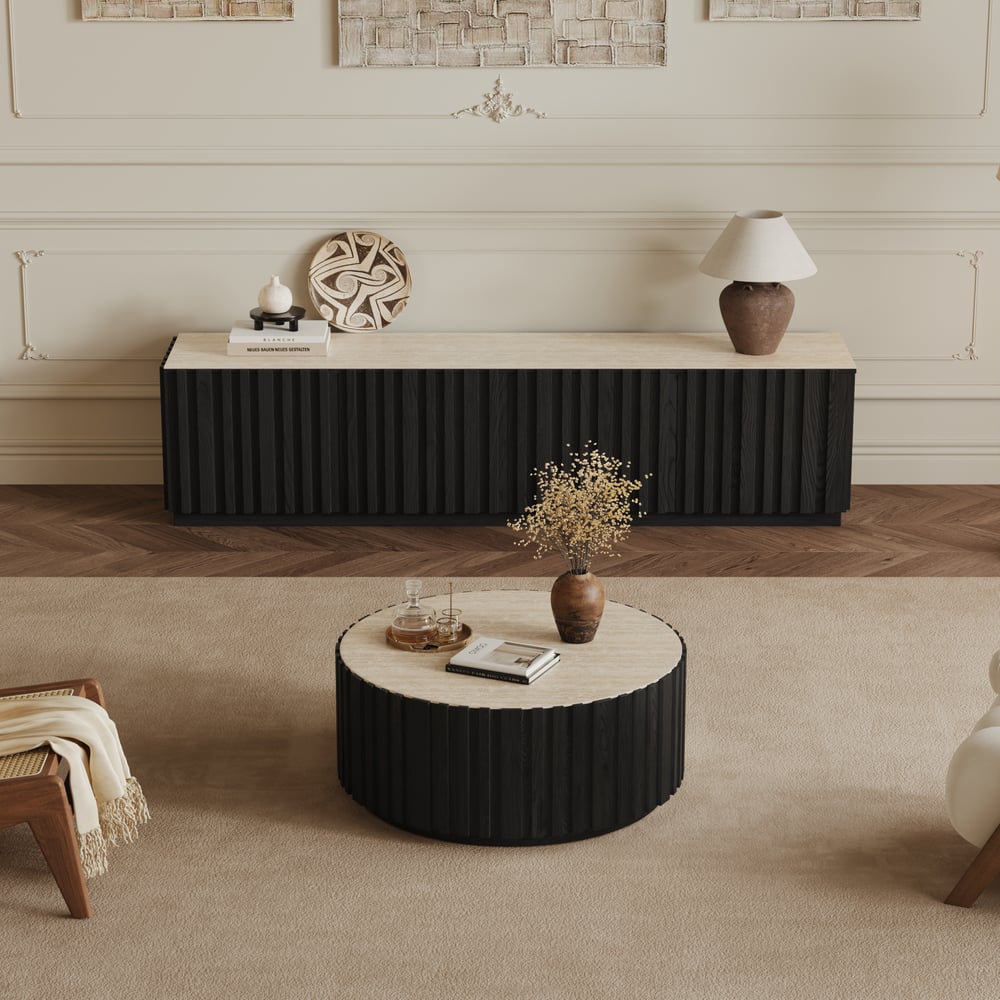 Aura 35" Round Black Slatted Sintered Stone Coffee Table with 2 Drawers window image
