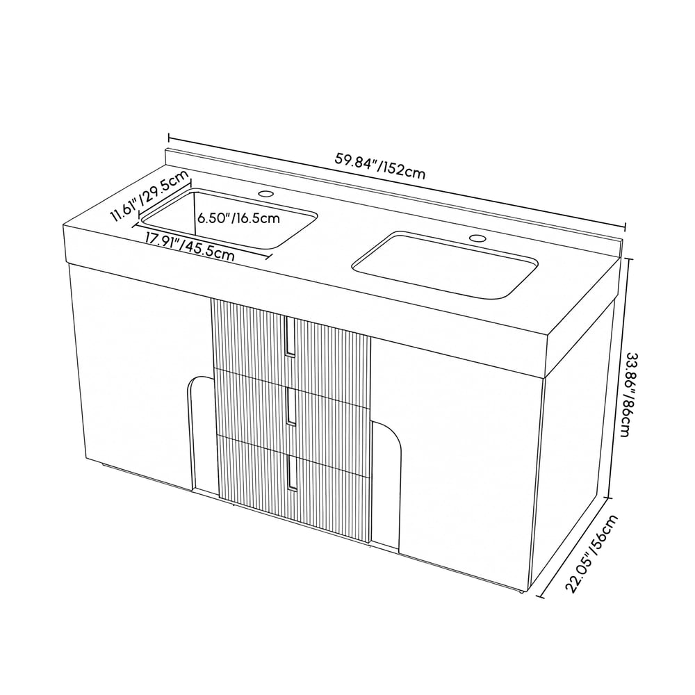 Tocador de baño doble flotante Artis de 60 pulgadas con lavabo, encimera de piedra sinterizada, amplio almacenamiento pesos dimensiones imagen