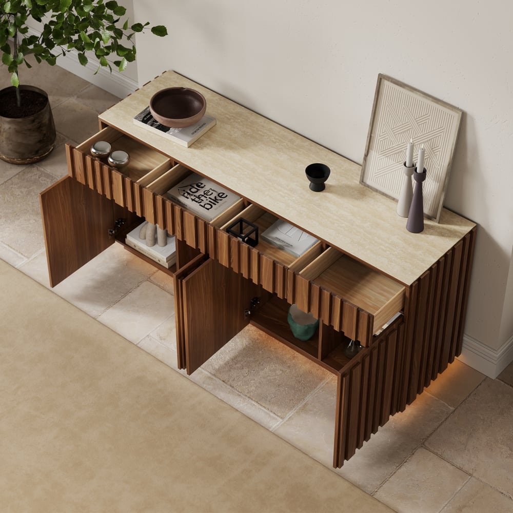 Aura 65" Ash Wood Slatted Walnut TV Stand with Sintered Stone Top window image