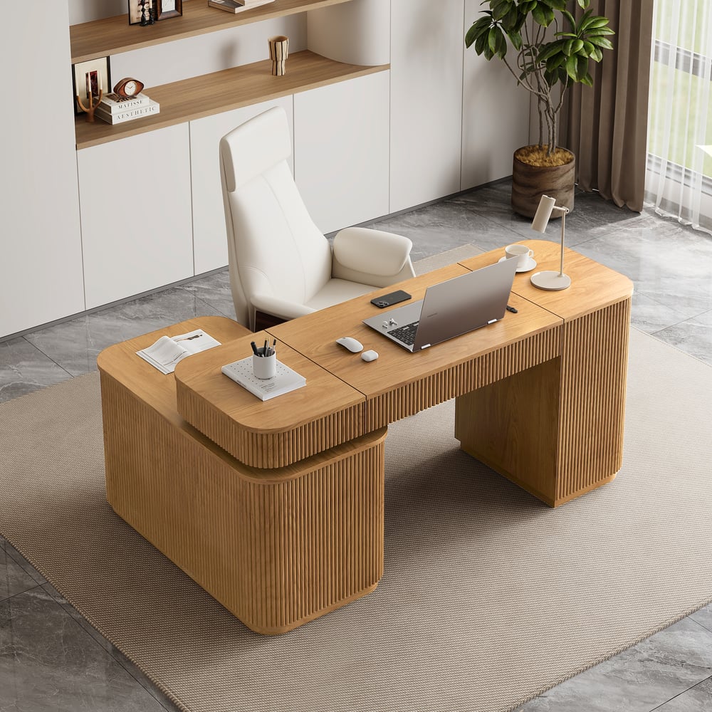 Velign 65" L-Shape Natural Executive Desk with Right-Side Cabinet window image
