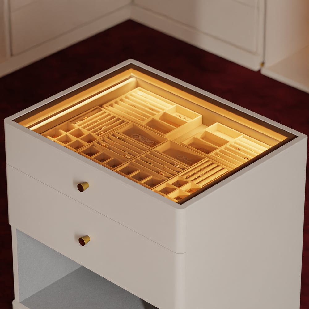 Îlot de dressing pour bijoux avec plateau en verre et éclairage image de fenêtre