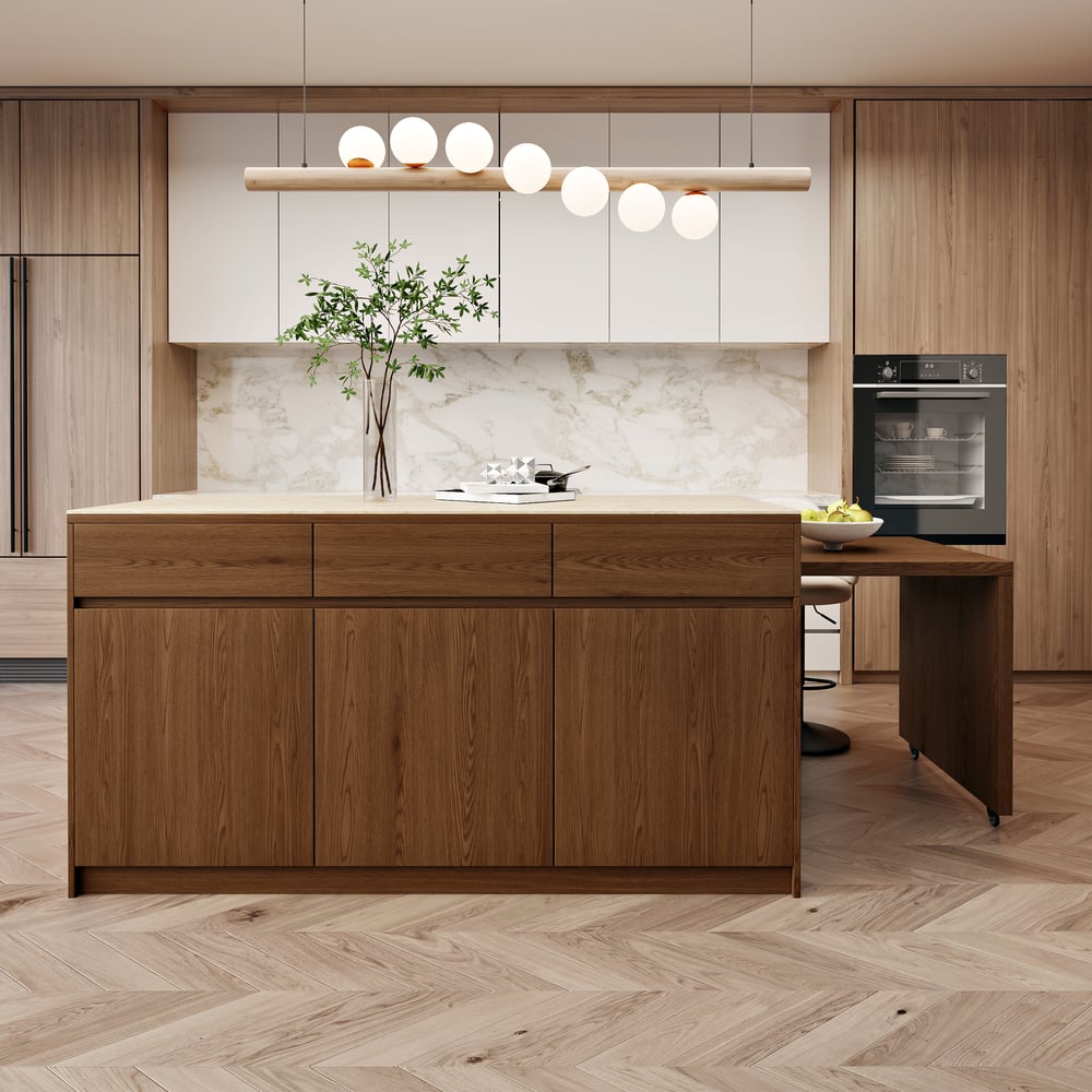 81''-106" Extendable Matte Sintered Stone Kitchen Island with Storage, Walnut window image