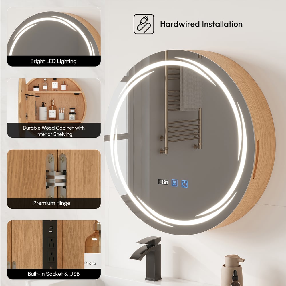 24" Round LED Natural Medicine Cabinet with Storage, Anti-Fog, Dimmable window image