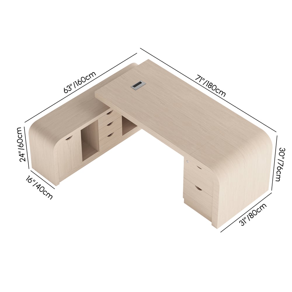70.9" Whitewash L-shaped Executive Desk Left Hand & Reclining Leather Office Chair weights dimensions image