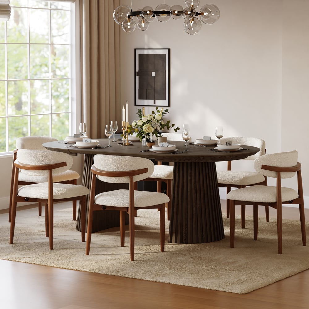 Modern 47"-79" Extendable Smoky Brown Wood Dining Table with Fluted Base, Seats 4-6 window image