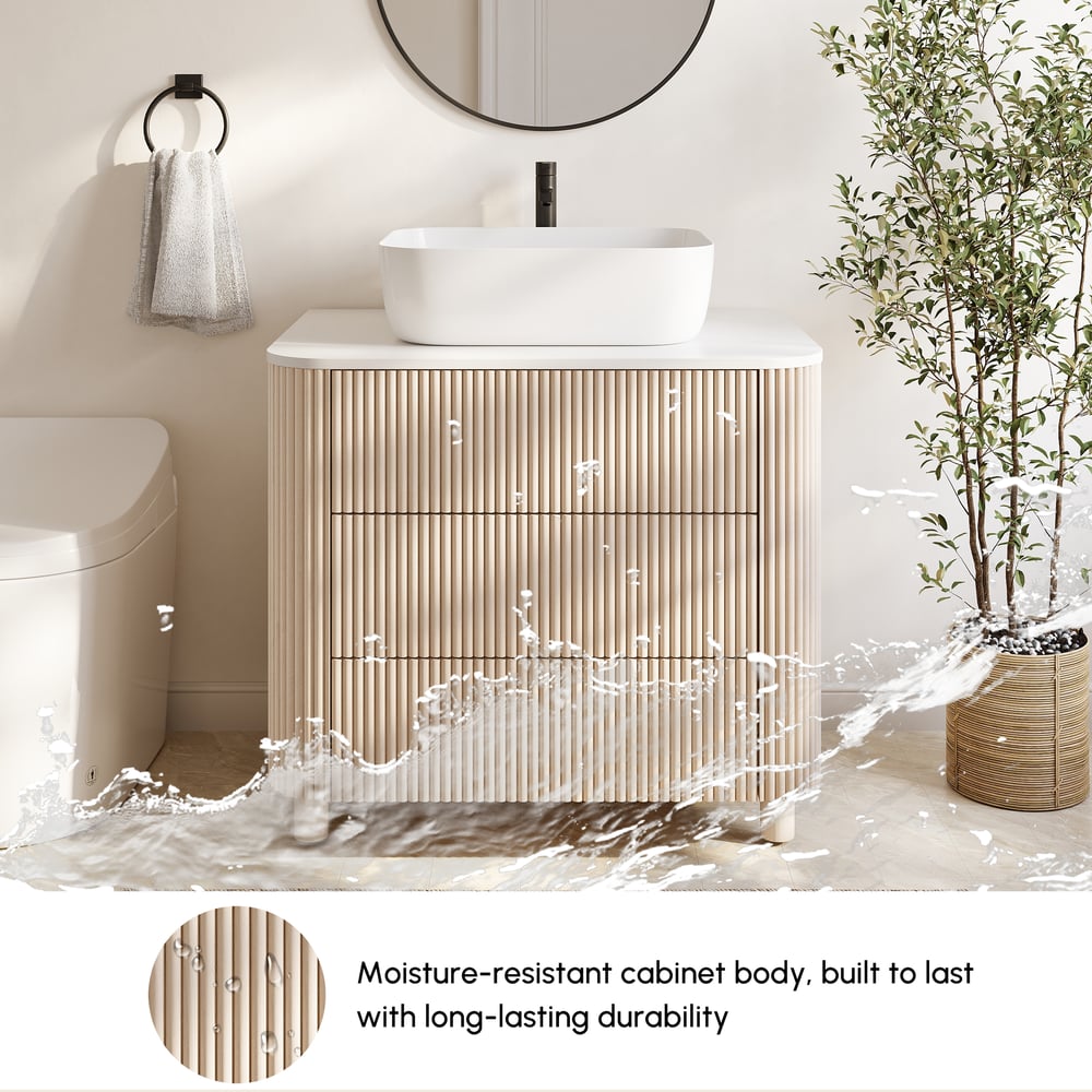 80cm Fluted Freestanding Bathroom Vanity with Vessel Sink, 3-Drawers, Sintered Stone top window image