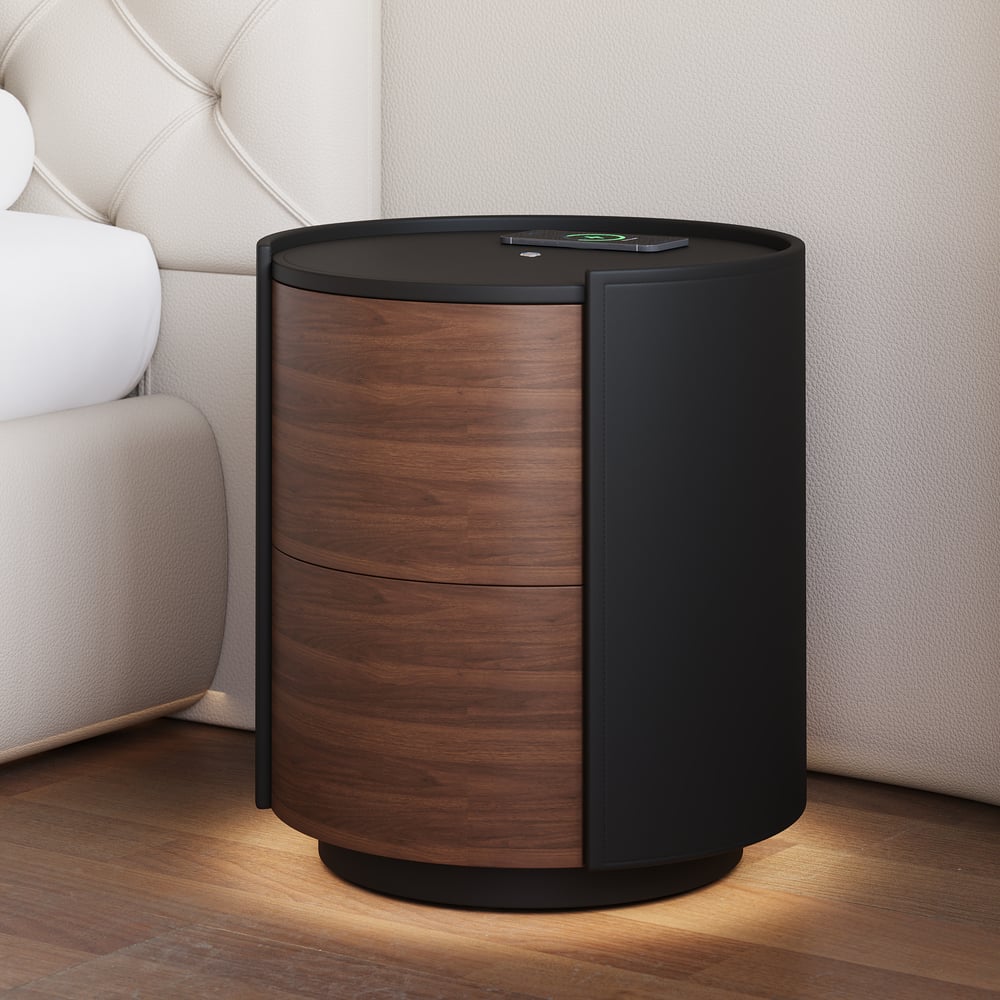Modern Black Saddle Leather 2-Drawer Nightstand with Charging Station & Light window image