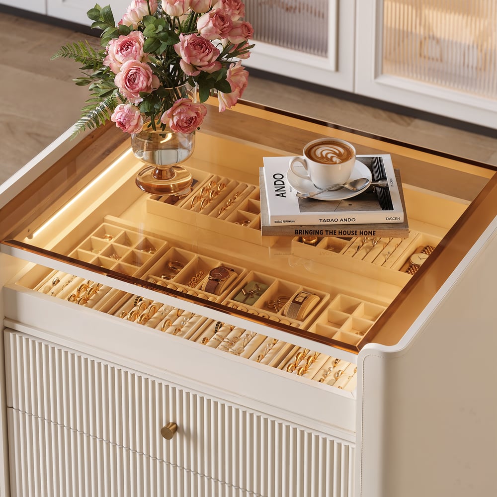 Modern 29.5" Fluted Leather Closet Island 7 Drawer Dresser with Light & Jewelry Storage window image