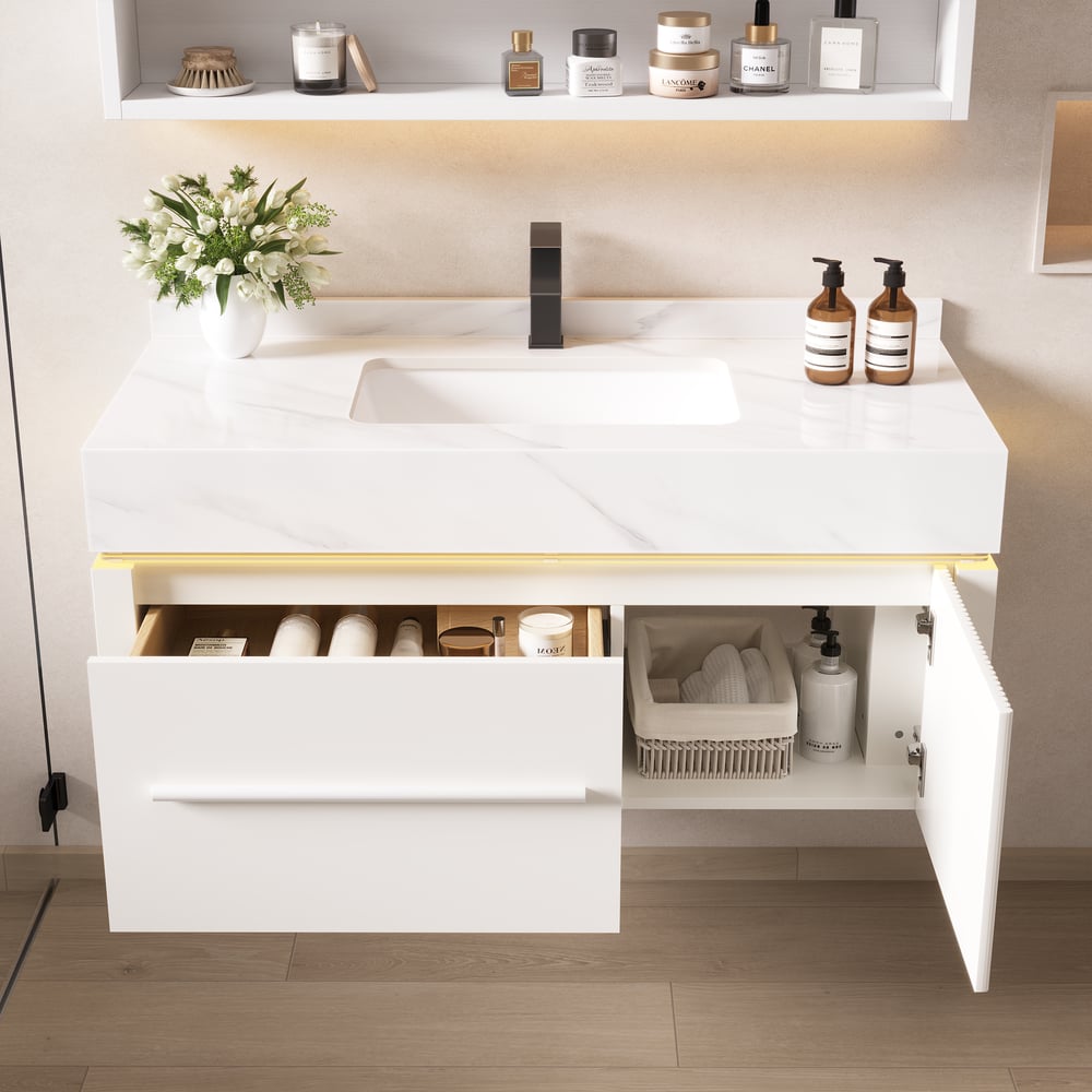 39.4" Wall-Mounted Bathroom Vanity with Sintered Stone Top, LED Sensor Light window image