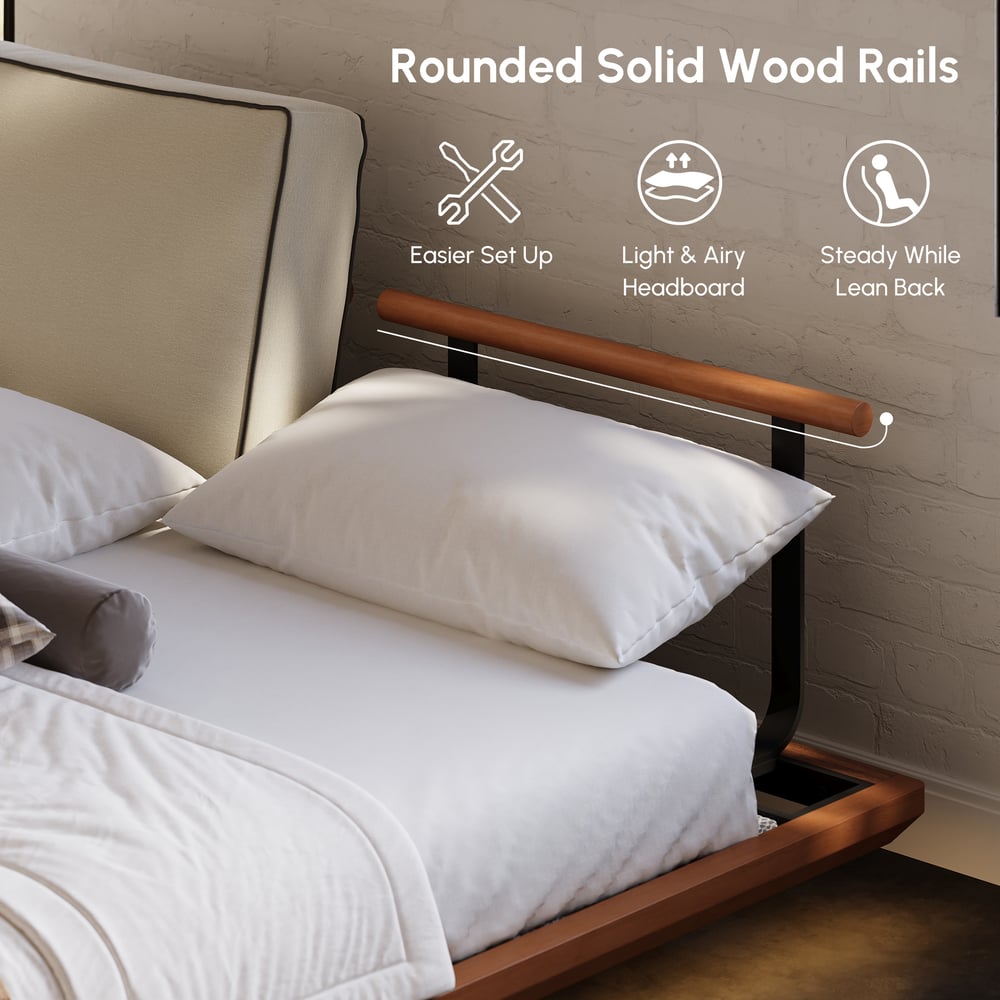 Japanese Style Solid Wood King Floating Bed with Headboard & Light window image