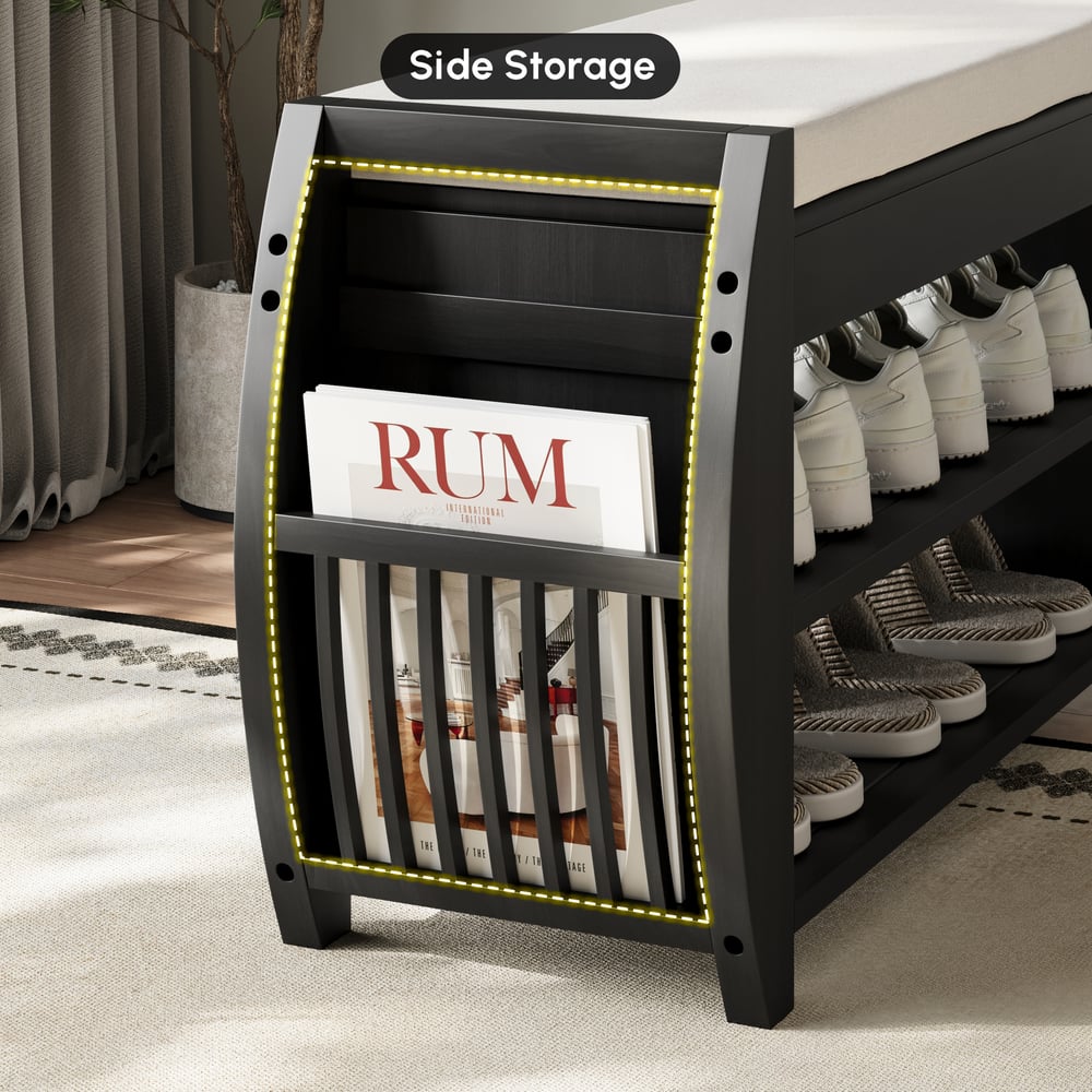 Banc d'entrée de rangement de chaussures noir en bois massif de 81 cm avec étagère à chaussures image de fenêtre