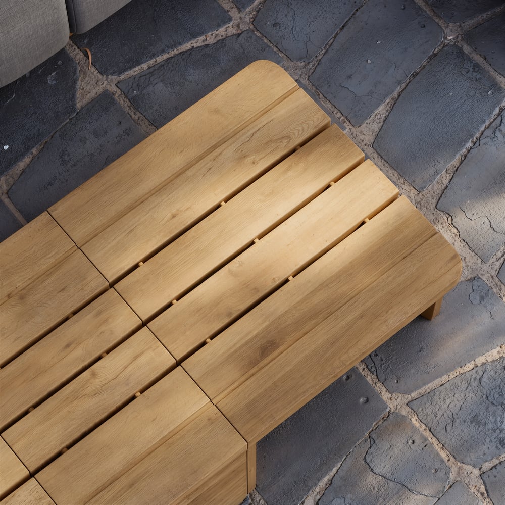 Ensemble de canapé modulaire d'extérieur 7 pièces Resaro en teck naturel avec dossier cannelé gris foncé image de fenêtre