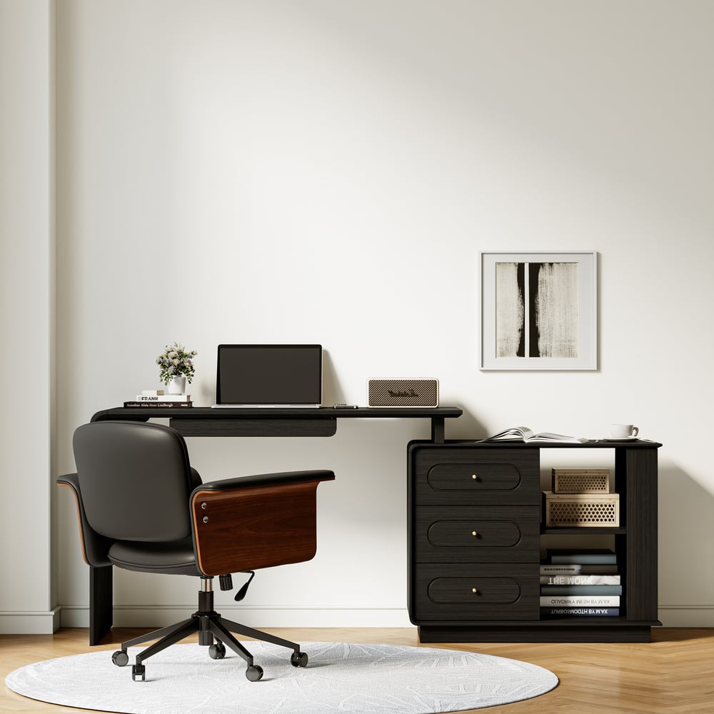 Modern 73" L-Shaped Black Rotating Desk with Keyboard Tray & Storage window image