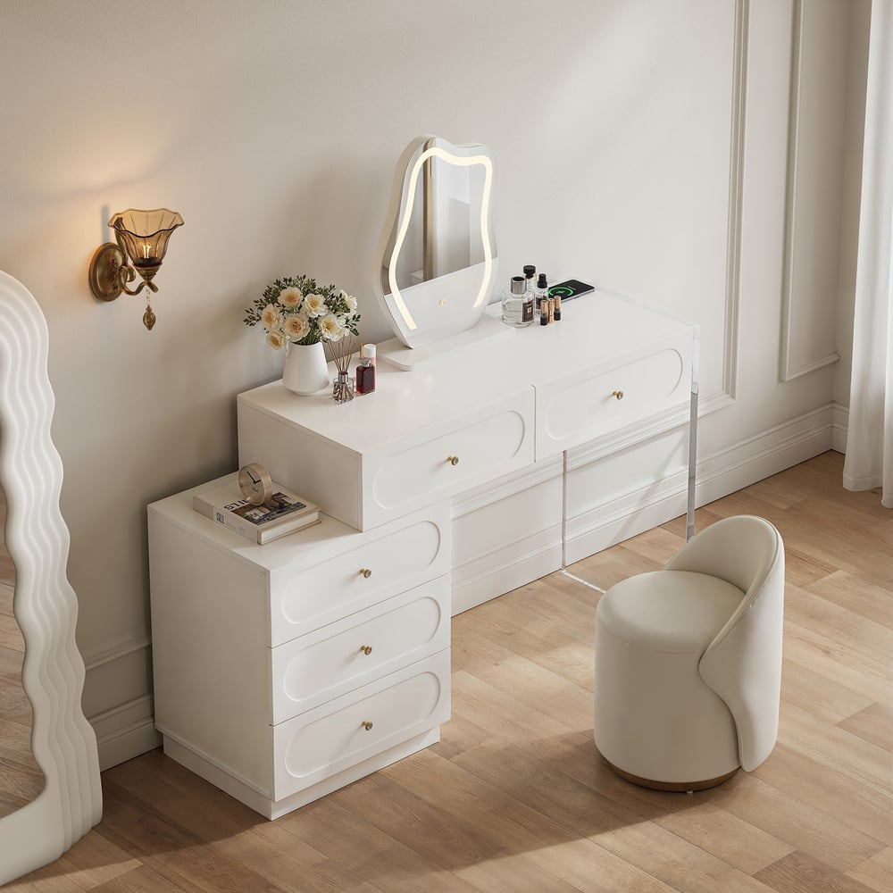 Biała toaletka do makijażu Krila z lustrem LED i stacją ładującą (40"–55") obraz okna