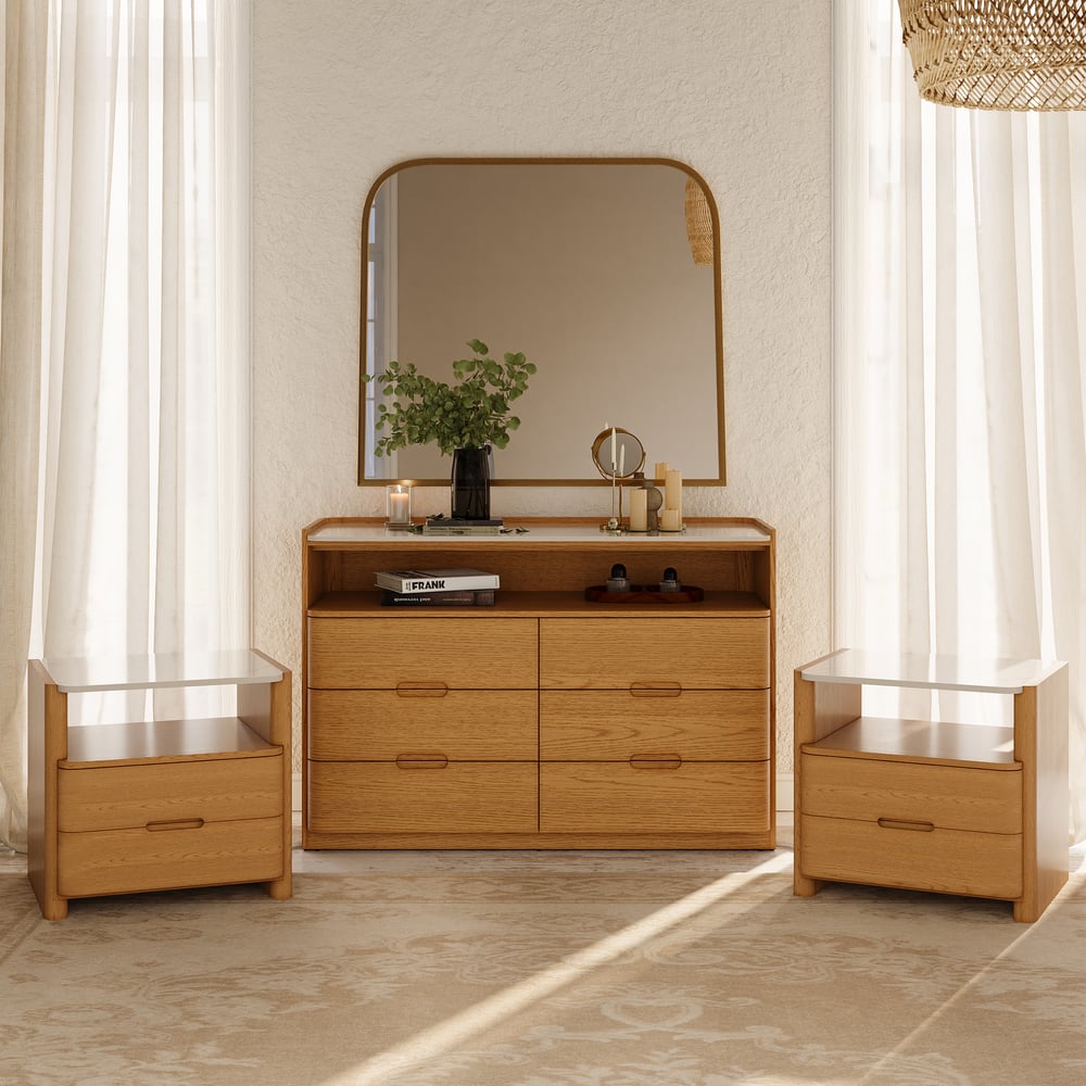 Commode moderne de 47 pouces à 6 tiroirs avec étagère et plateau en pierre frittée image de fenêtre