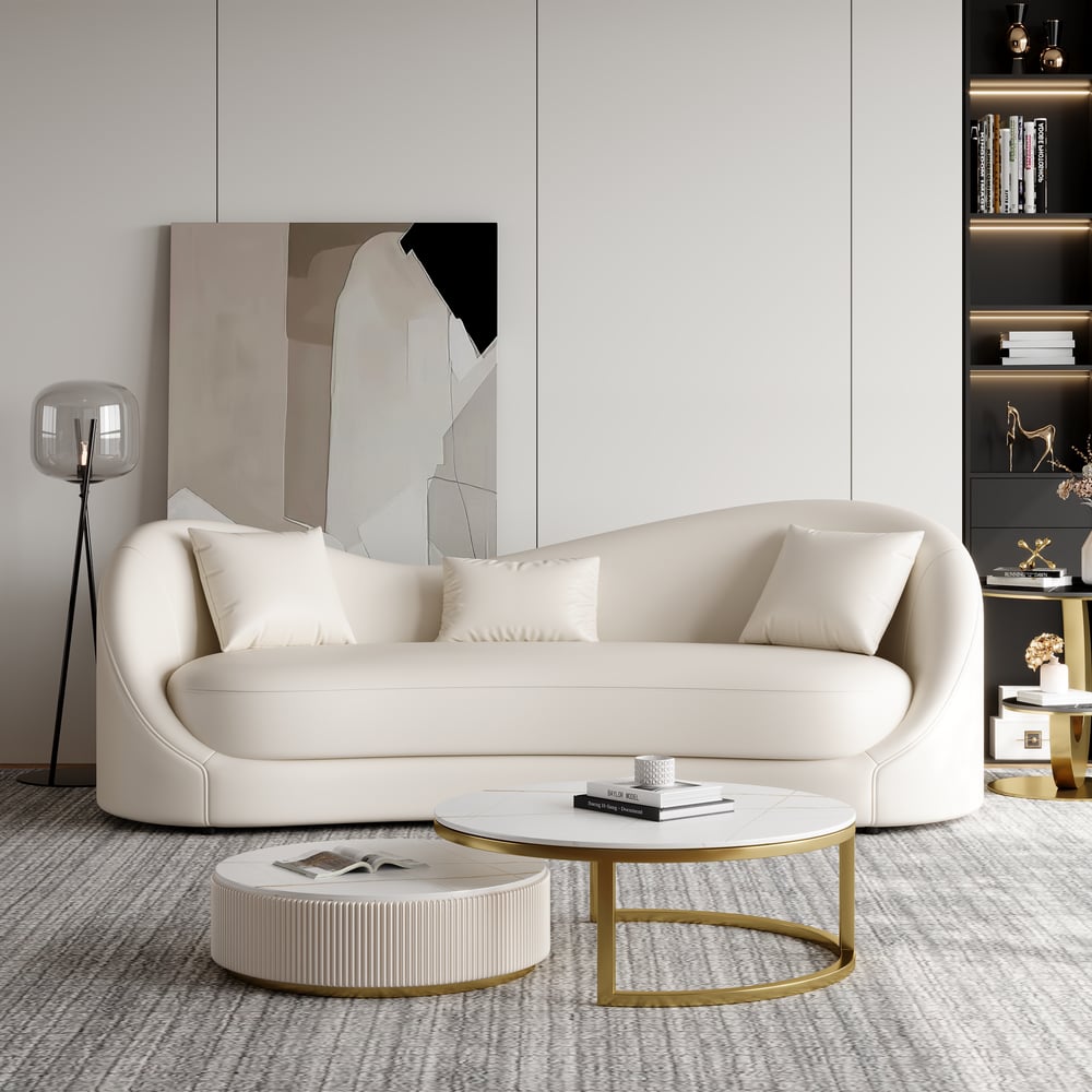 84" Performance Leather Curved Upholstered Sofa with Pillows window image