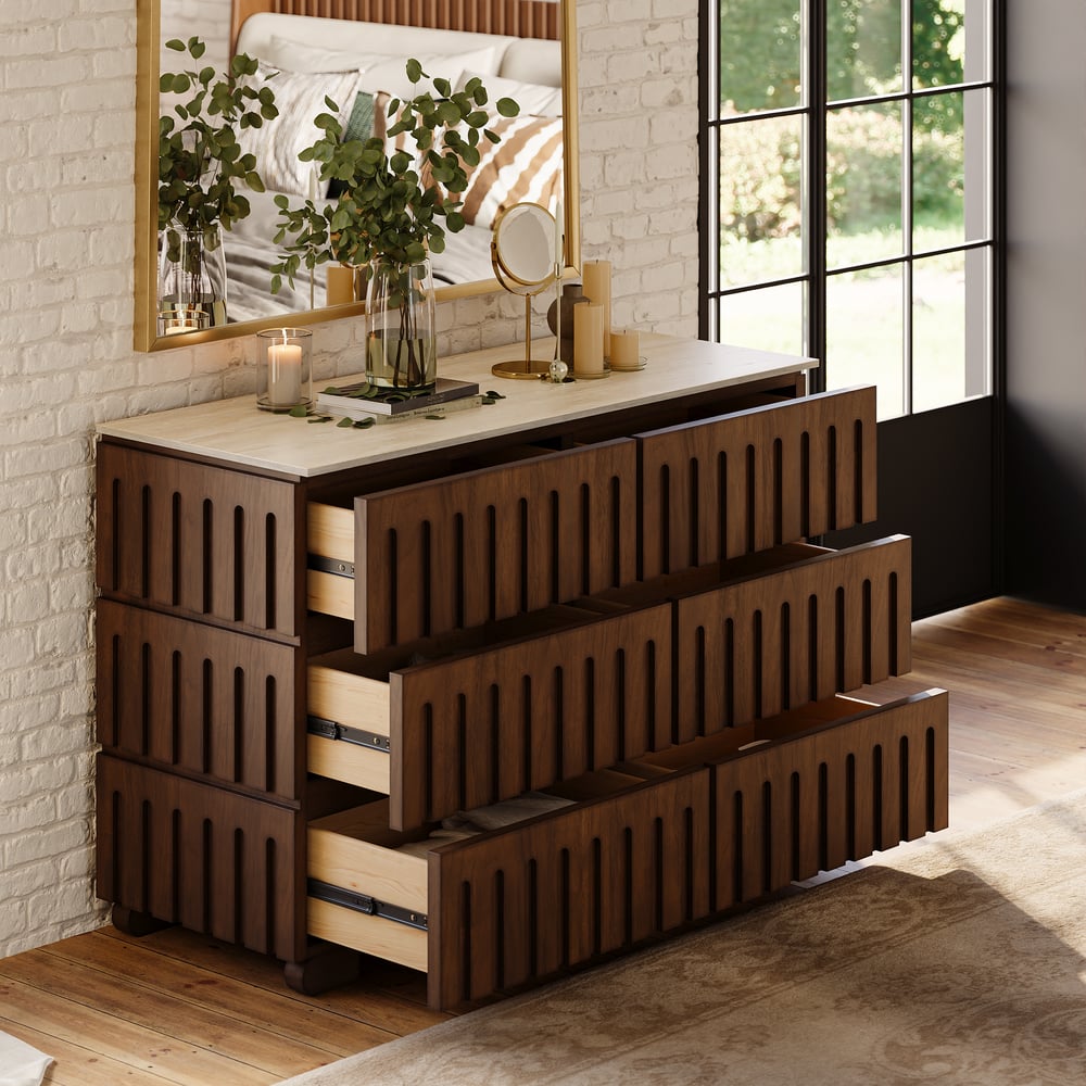 Commode moderne de 47 po en bois de frêne à 6 tiroirs avec dessus en pierre frittée imitation travertin image de fenêtre