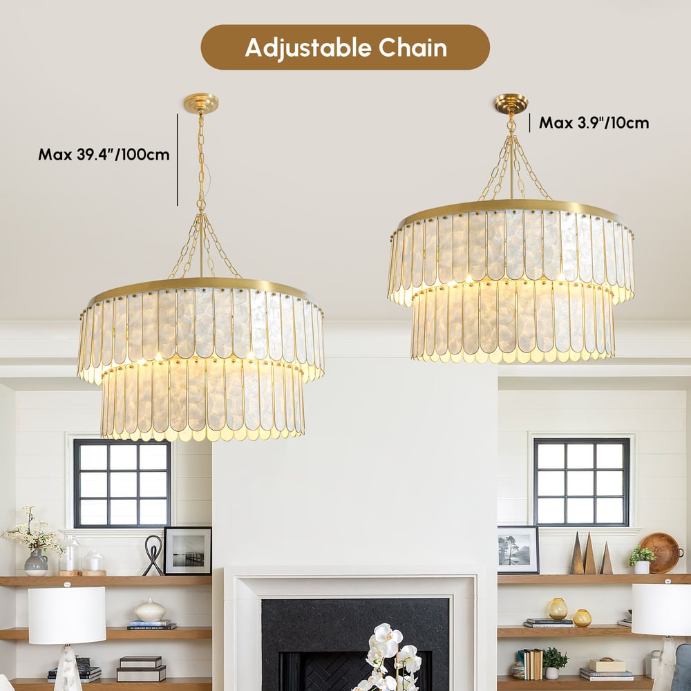 Enseo Coastal 8-Light Capiz Shell 2-Tiered Faceted Chandelier Pendant Light Gold White window image