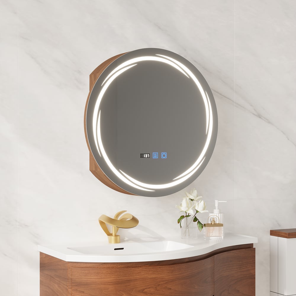 24" Round LED Walnut Medicine Cabinet with Storage, Anti-Fog, Dimmable window image