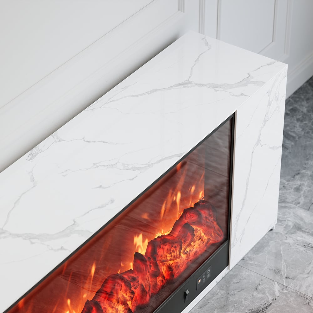 Ensemble meuble TV avec foyer électrique et table basse en pierre frittée de 71" image de fenêtre